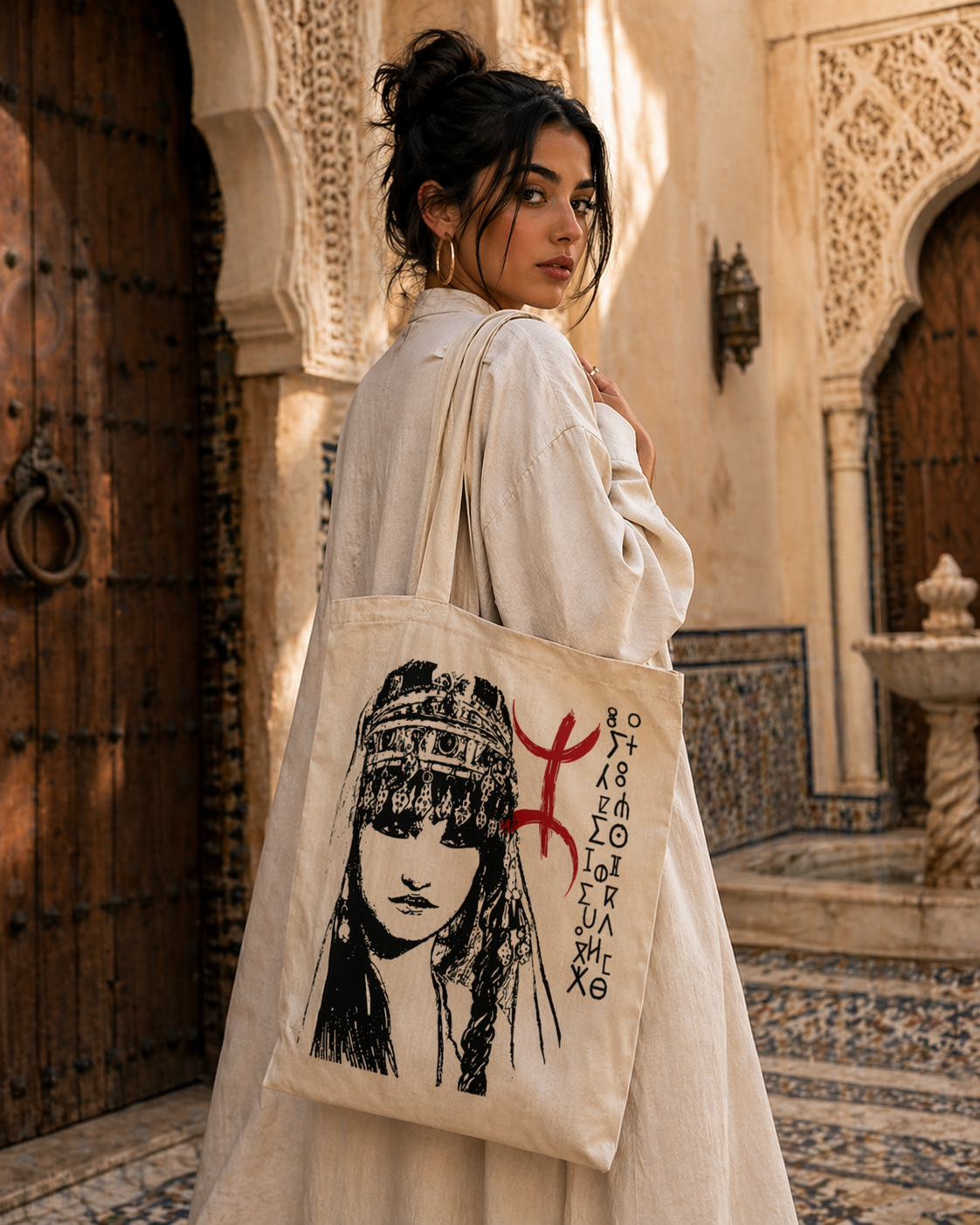 Tote imprimé d'un portrait amazigh, porté dans un riad